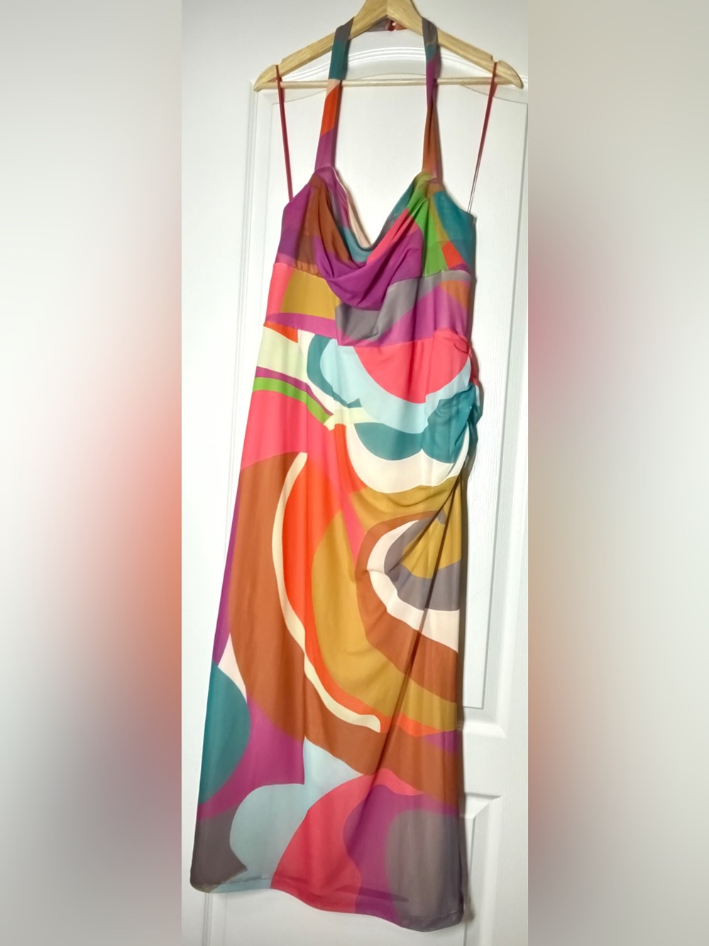 Anthropologie Cowl Neck Halter Midi Dress Pink Combo Abstract Ruched NWT L